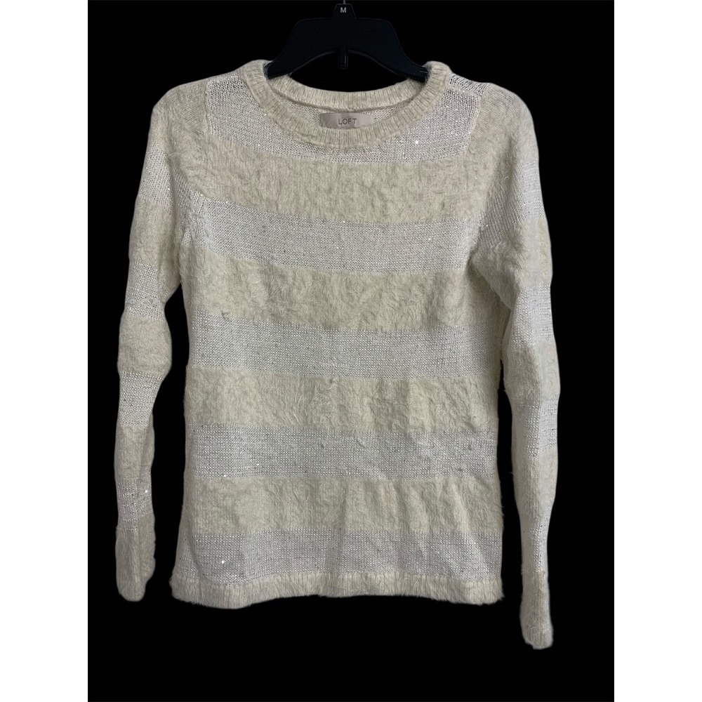 Loft Wool Blend Striped Eyelash Sequin Knit Sweater Cream White Small